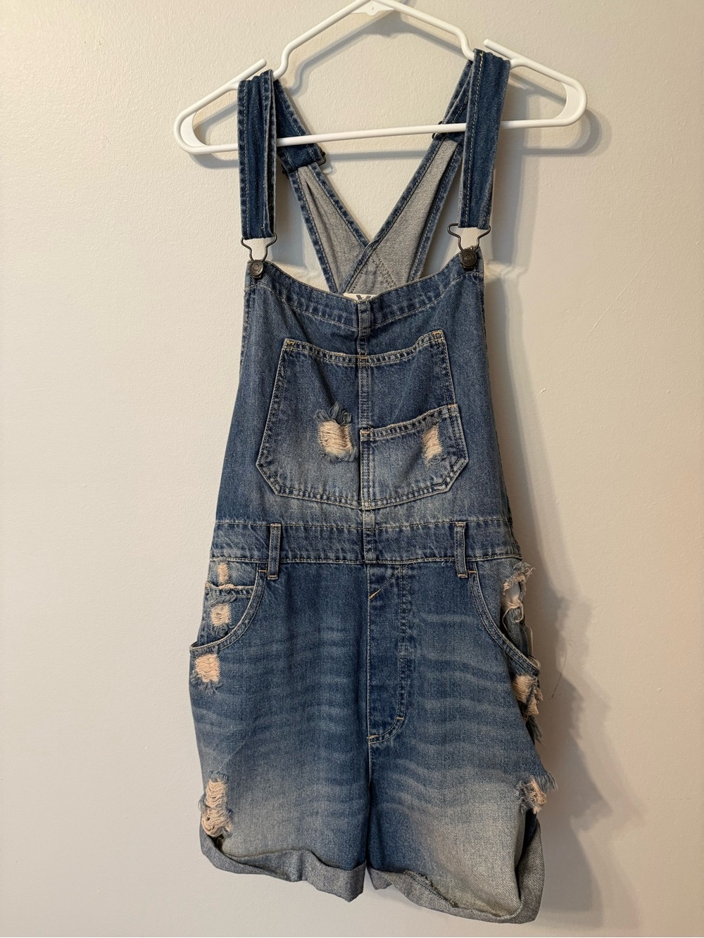 Free People Distressed Denim Overall Shorts - Blue